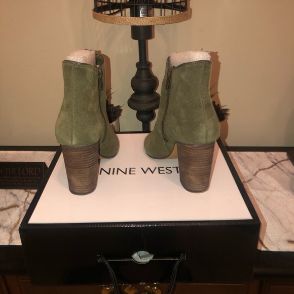 Ankle booties-Olive green suede; brown wooden heel; worn a few times. - Picture 4 of 8